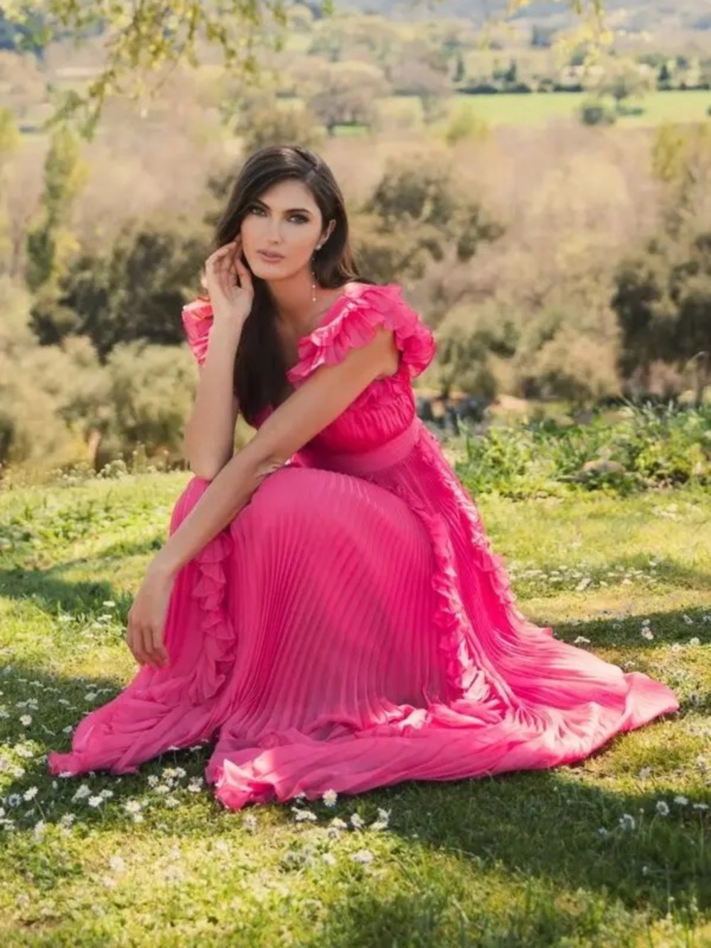 Mac Duggal Pleated Flutter-Sleeve Deep-V Empire-Waist Gown - Picture 5 of 5